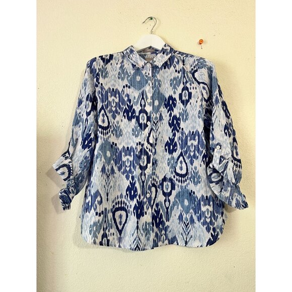 Chico's No-Iron Blue White Ikat Print Linen Long Sleeve Button-Down Shirt Sz 1.5 - Picture 1 of 9
